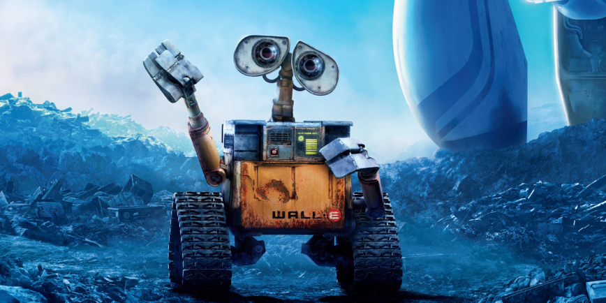 Small, yellow, box-like robot WALL-E waves at the viewer, standing on a rubbish-covered landscape. A spacecraft is visible in the background.
