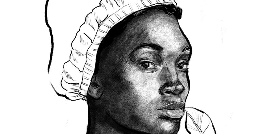 A black and white illustration of Phyllis Wheatley, the first black woman to publish a book of poetry in Britain