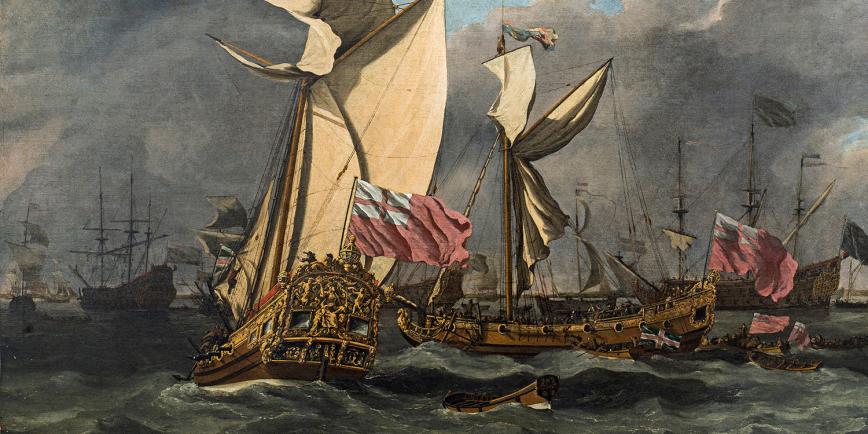 A close up from a maritime oil painting, showing a sailing ship with an ornate stern decoration. Sunlight is catching the sails