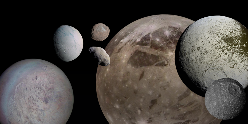 A collage of different moons of the solar system; Triton, Enceladus, Phobos, Pandora, Ganymede, Iapetus and Mimas