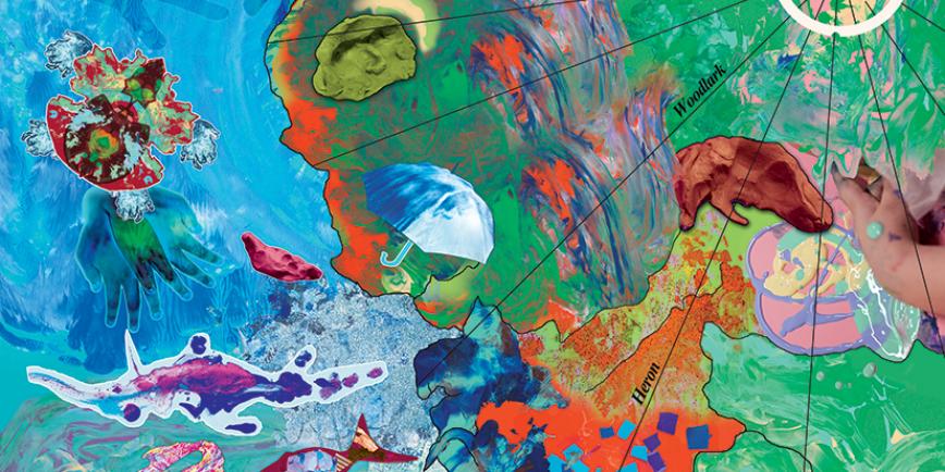 A long collage artwork inspired by maps and charts in the National Maritime Museum. Colourful cutout designs representing sea creatures sit on top of a bright blue ocean background, with a green landmass to the right of the artwork