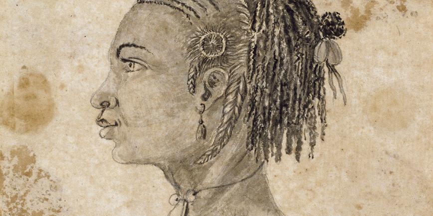 A drawing of a West African woman in left profile