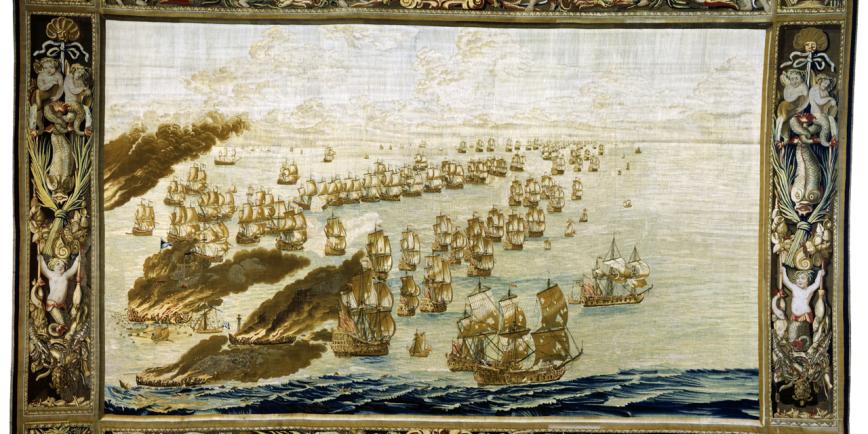 a tapestry of woven with wool warps, wool and silk wefts depicting a burning ship and fleet