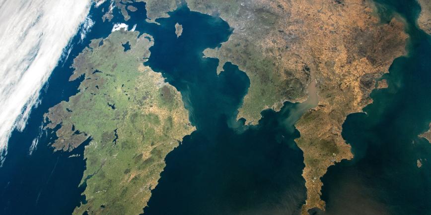 Satellite photograph of Great Britain and Ireland during the summer 2022 heatwave. Large swathes of brown in the south and east of England show how the heat has affected the country