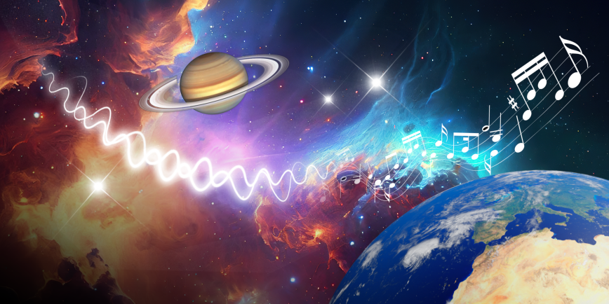 A red, yellow, pink and blue gas clouds behind images of Saturn and the Earth. Over the top of this are white, glowing sound waves and music notes.