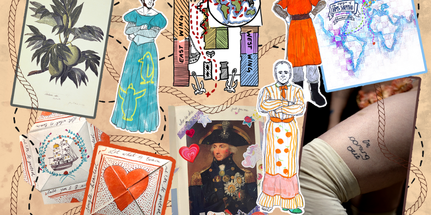 A collage of images contributed by the Queer History Club members including a paper cut out male doll wearing a blue dress, a tattoo that reads i'm coming out', a map with HMS Sappho, a folded love token, a picture of Horatio Nelson with heart, unicorn and star stickers around him