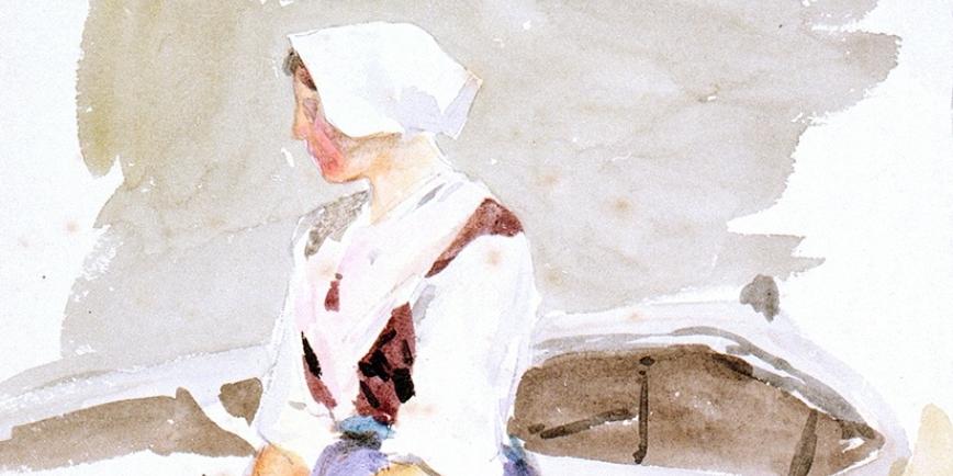 Woman wearing a bonnet sits on a boat