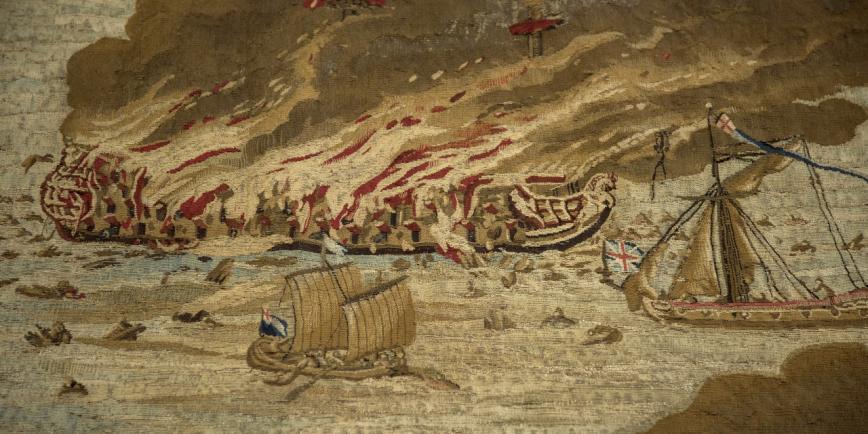 Detail from the Solebay tapestry by Willem van dev Velde showing the burning of the Royal James flagship