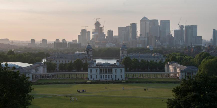 Sunset over the National Maritime Museum and Queens House from Greenwich Park, taken in 2018