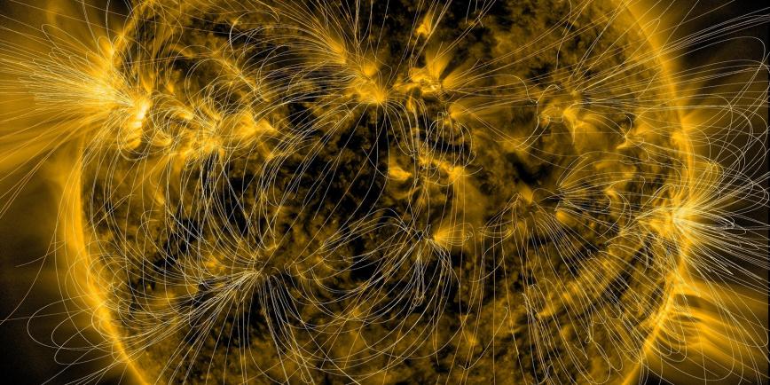 An illustration of the sun's magnetic fields over an image captured by NASA’s Solar Dynamics Observatory