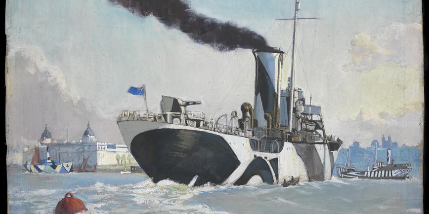 A drawing of a Royal Naval Auxiliary tanker seen in starboard-quarter view, turning in the River Thames off Greenwich. In the background is the Old Royal Naval College. There is a black smoke coming out of the top of the boat