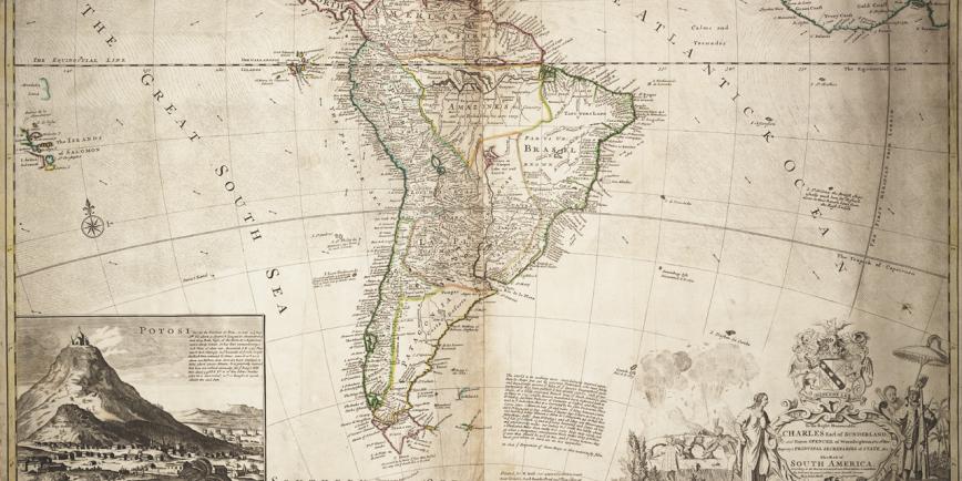 Historic hand drawn map of South America from circa 1715