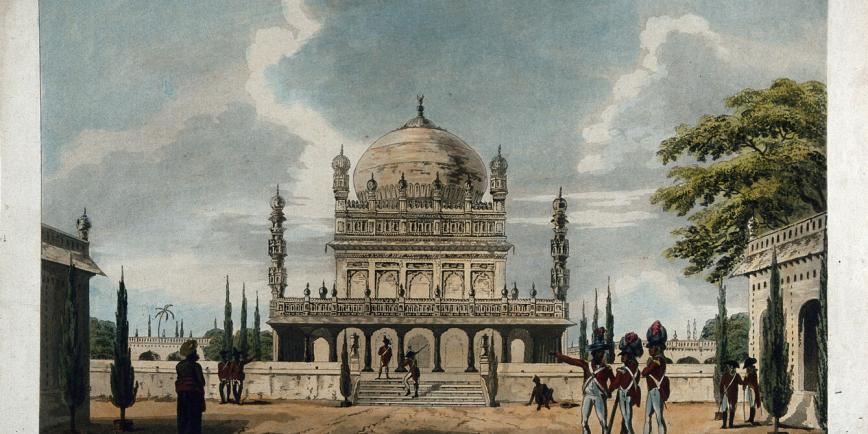 Coloured aquatint depicting a white temple