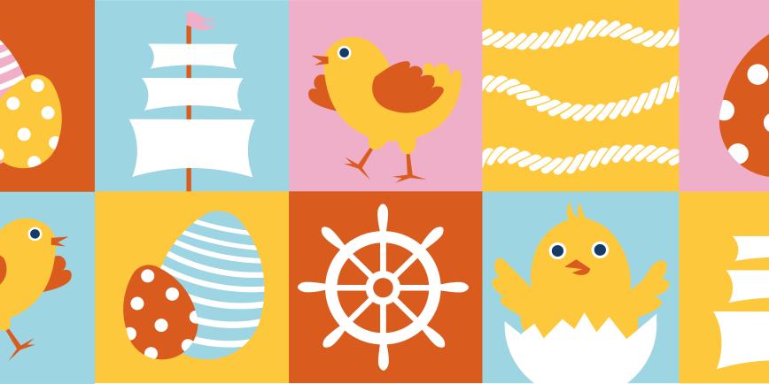 easter egg trail with eggs, ship sails, chickens, ropes and wheel graphics