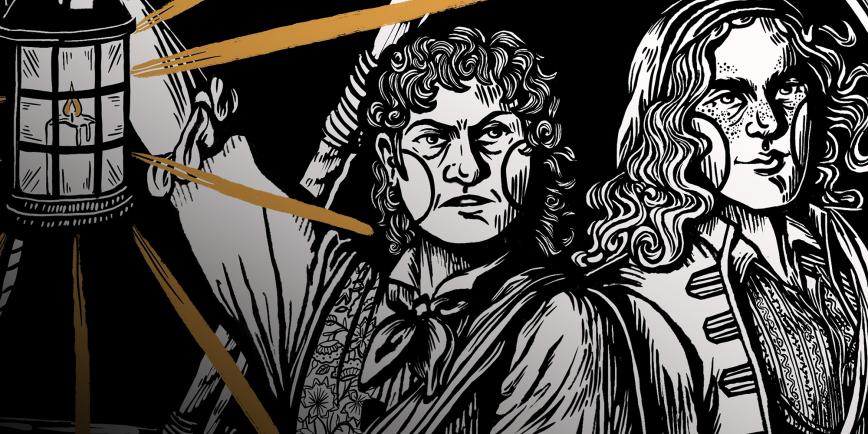 Close-up view of a woodblock-style illustration of pirates Anne Bonny and Mary Read. Bonny is in the centre holding a lamp, while Read is off to the right