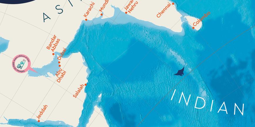 A portion of the Ocean Map at the National Maritime Museum showing major port cities around Asia and Africa