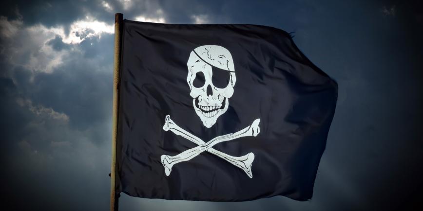 Black flag with white skull and two bones crossed over each other underneath