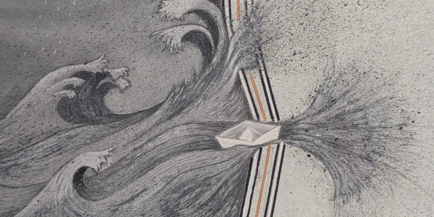 part of a drawing showing a boat sliding out of the frame