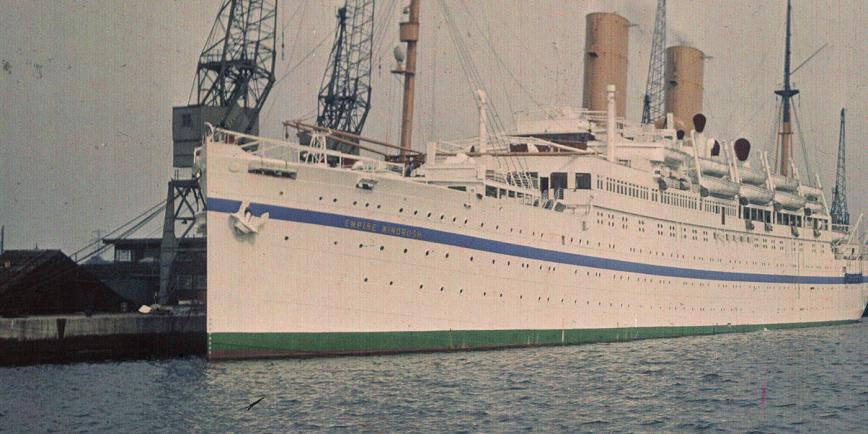 Detail of a photograph showing the ship Empire Windrush docked at Southampton Harbour in 1950