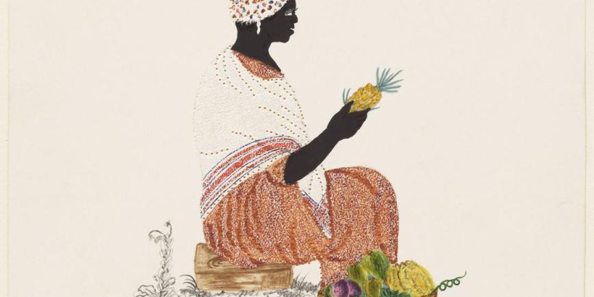An image showing a market woman holding and selling a pineapple. She is next to a basket full of other fruits.