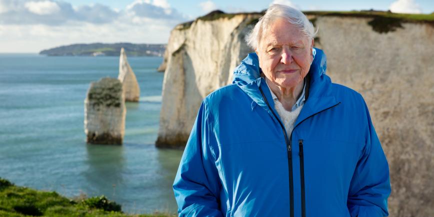 David Attenborough in blue jacket in front of white cliffs and the sea