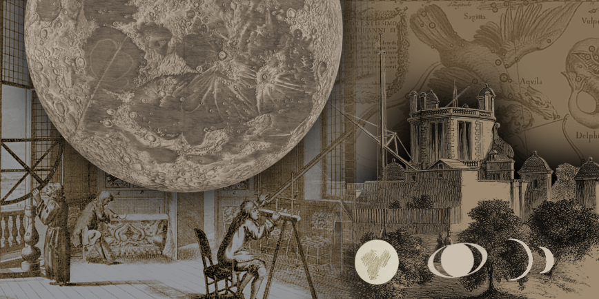 a collage of historical astronomical imagery including illustrations of astronomers, the observatory, planets and the Moon