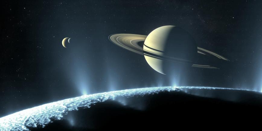 Artist illustration imagining a view of Saturn rising as seen from one of its moons.