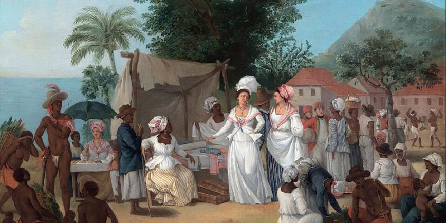 A painting of a market scene in the Caribbean in the 18th Century