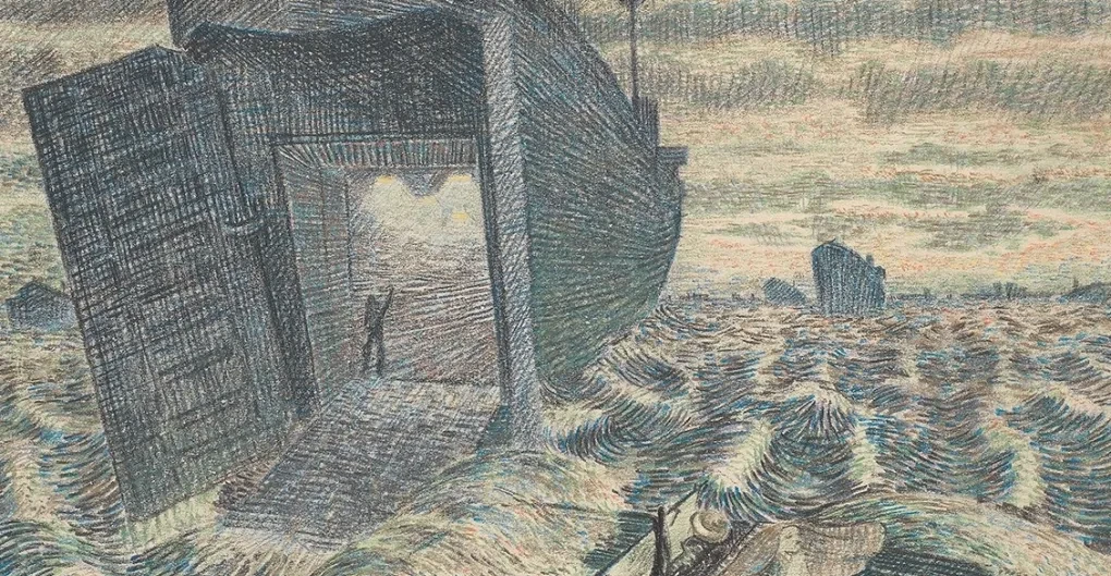 'In the last light of D-Day a medical DUKW takes us to the Hospital ship' - drawing by John Charles Wood Heath (PAJ2924)
