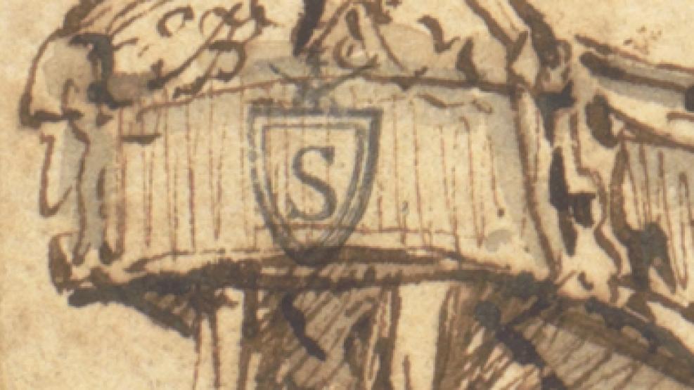 A close up view of a drawing of a ship. Only the stern is visible, with a large 'S' on a shield in the centre. This has clearly been added at a later stage than the original drawing