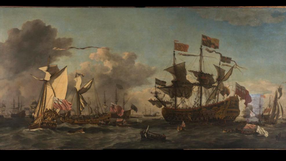A dramatic oil painting showing a number of warships at sea. The panoramic painting is dramatic in scope, but the yellowing of the sails and the shadowiness of the ships themselves show that the work has deteriorated over time