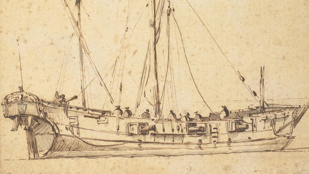 A sketch of a sailing vessel in ink. The paper is faded and yellowing
