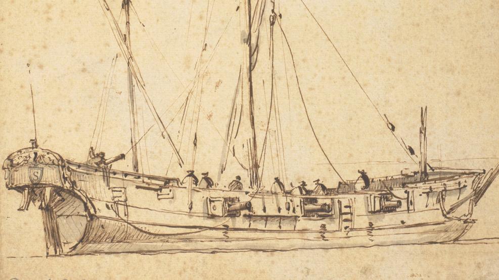 A sketch of a sailing vessel in ink. The paper is faded and yellowing