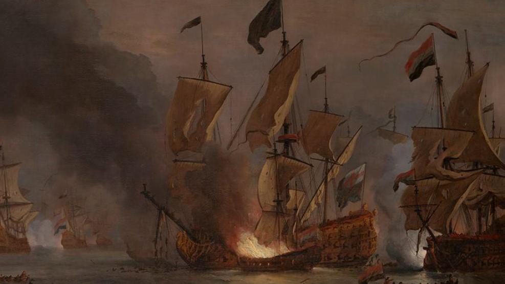 A painting of a warship being attached by a fireship. The small vessel on fire is dwarfed by the larger ship, but its shredded sails show that it is in peril