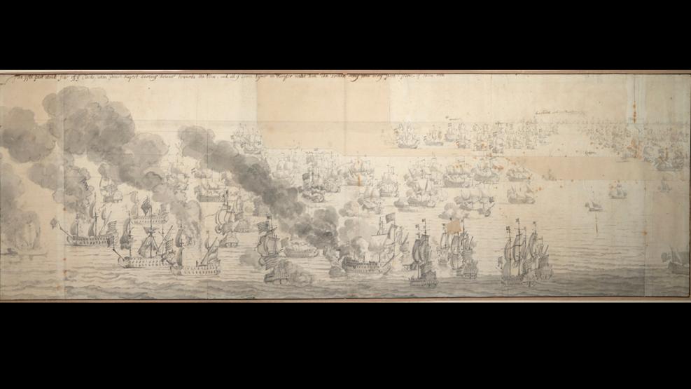A drawing of a naval battle, with dozens of ships visible. The panoramic view has been widened still further thanks to an added section in the top of the drawing, visible thanks to the slightly different coloured paper