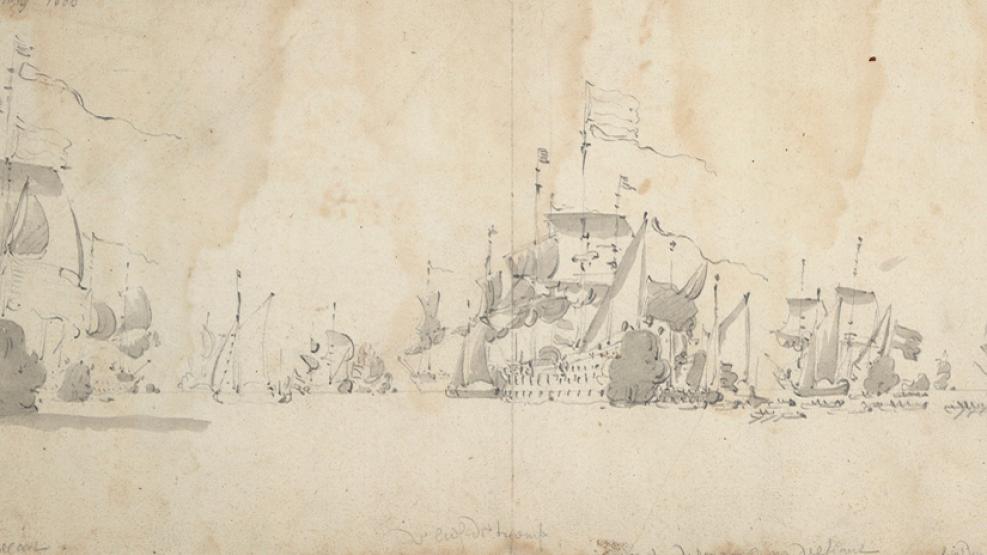 A drawing of a number of warships at sea – the sails and masts of the ships are neatly sketched along the ruled line of the horizon