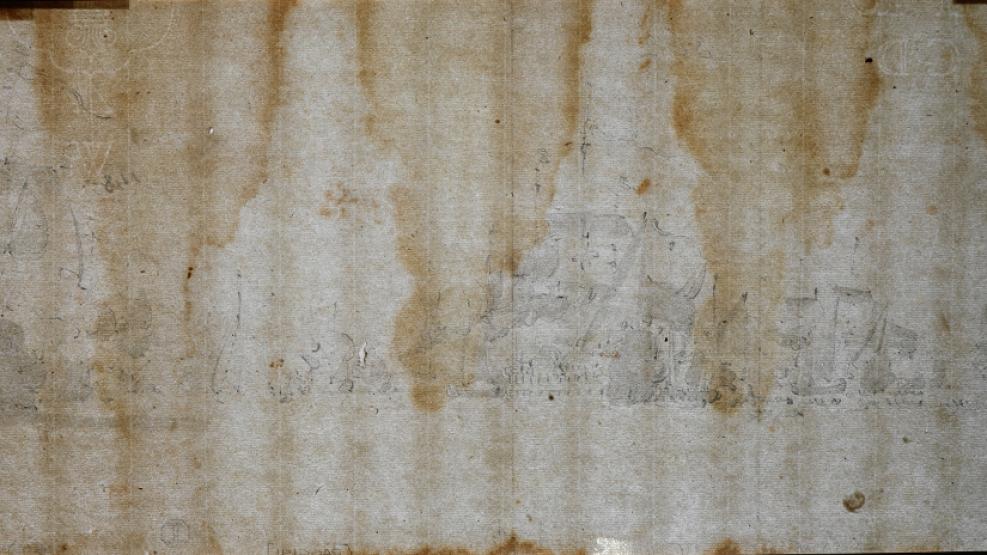 A drawing of a number of ships at sea, photographed using transmitted light. Lighting the paper from beneath reveals regular stained across the sheet, as well as the watermarks, chain and laid lines created as part of the papermaking process