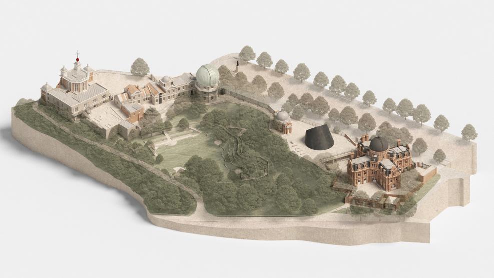 A 3D model showing an overhead view of Royal Observatory Greenwich