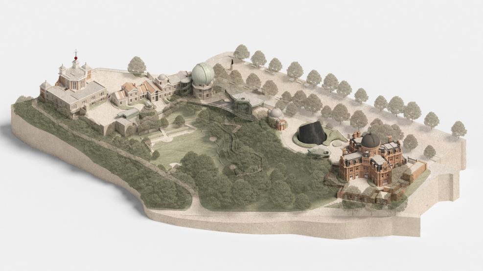 A 3D model showing an overhead view of Royal Observatory Greenwich. The model presents proposed changes to the historic site, including a new visitor pavilion, landscaping and galleries