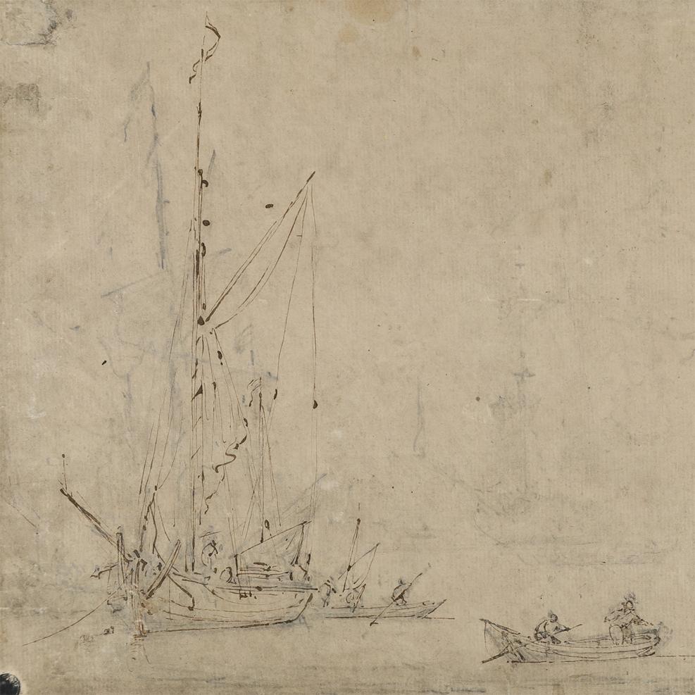 A drawing of a small ship known as a galliot. The clearest lines are in brownish ink, but the faint marks of the pencil 'underdrawing' are just visible, showing that the artist has changed the position of the sail when completing the drawing in ink