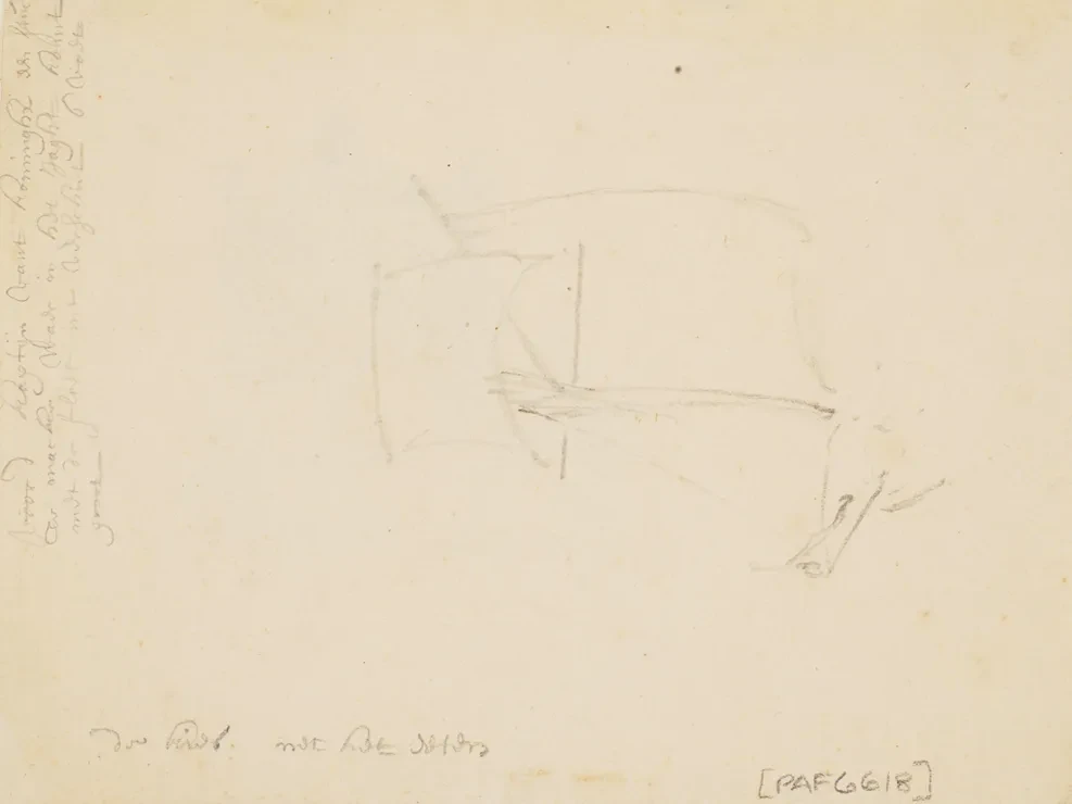 The back of a drawing by Willem Van de Velde the Younger. Scrawled at the bottom in almost unreadable handwriting is a note. Translated the text reads, 'Toothache with eating'. Another passage of text is visible on the left hand side of the paper