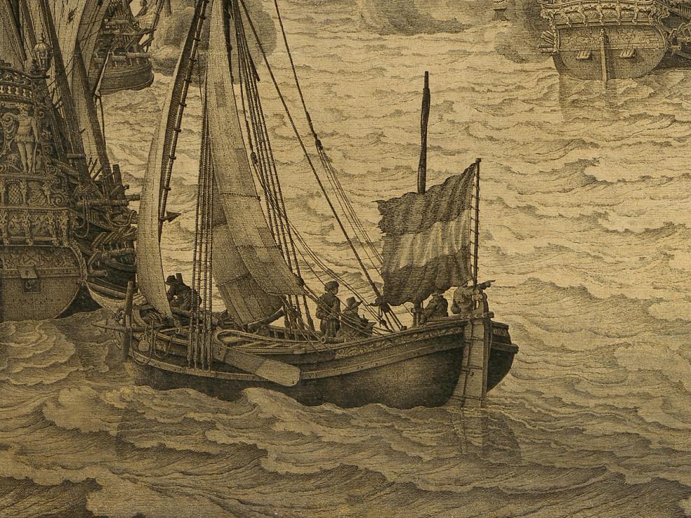 A close-up of a drawing of a naval battle, showing a small boat with a Dutch flag and a man in the centre in a broad-brimmed hat and sketch pad