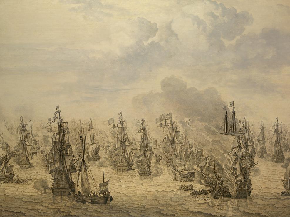 A detailed drawing of a naval battle at sea. The horizon is filled with warships and gunsmoke, with the artist depicting the battle in full scale