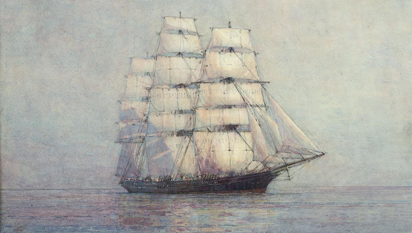 A painting of the tea clipper Cutty Sark in full sail