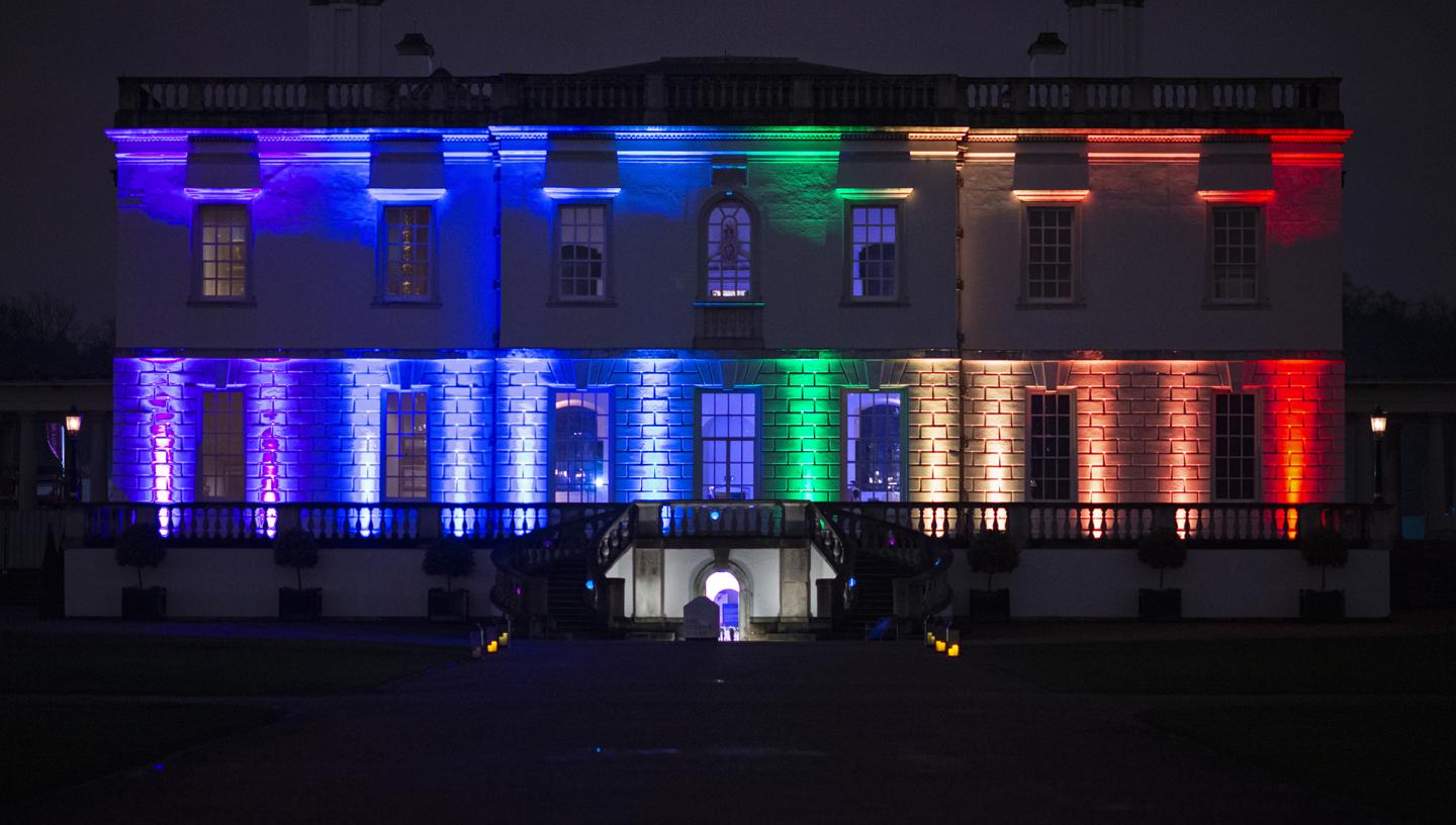 The Queen's House in Greenwich lit up with rainbow lights to mark LGBTQ+ History Month