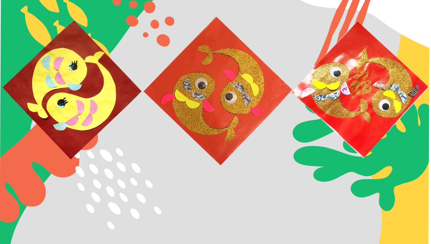Three lucky fish posters. Each is a red diamond with a pair of yellow or gold fish.