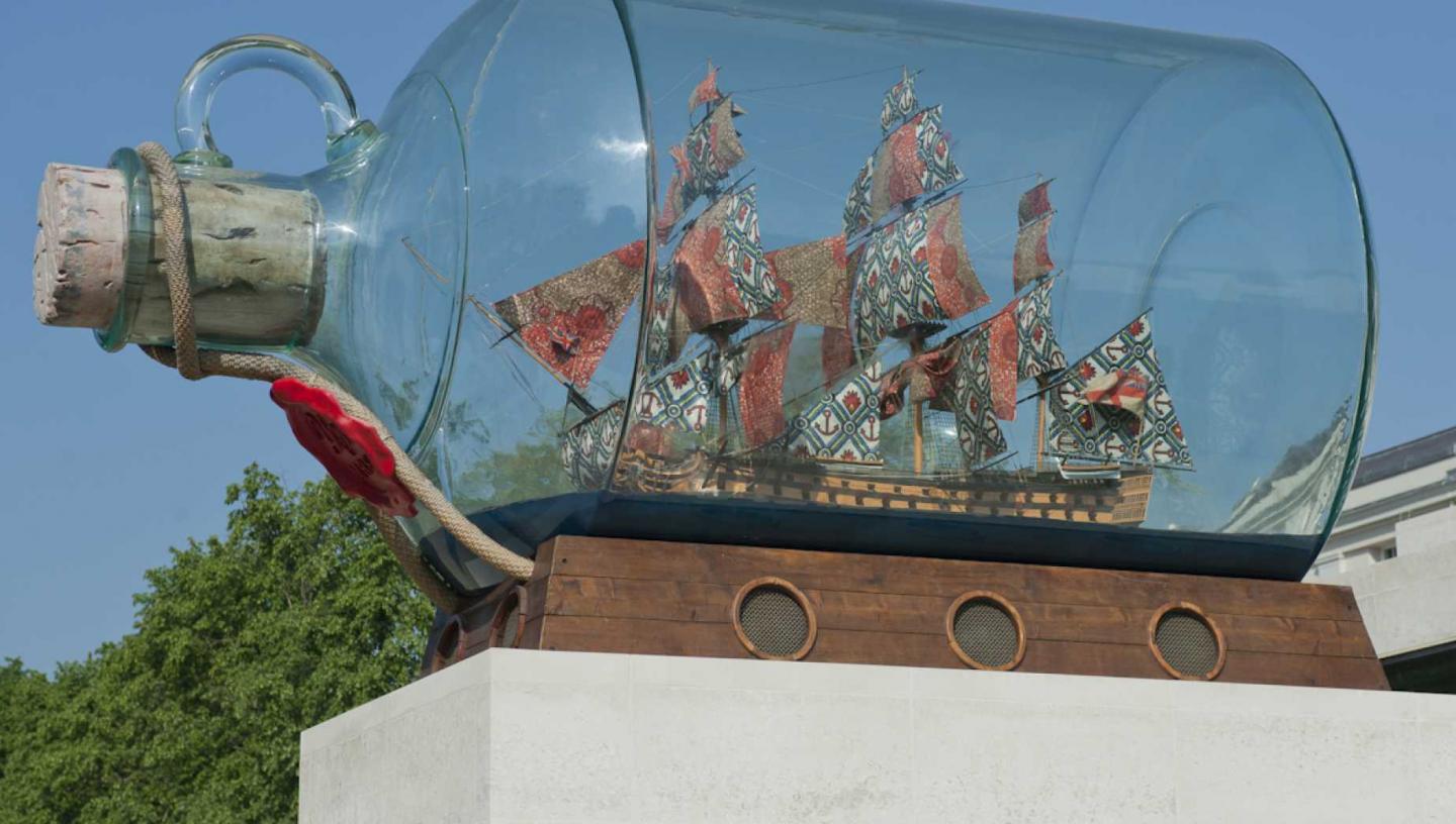 Yinka Shonibare's Nelson's Ship in a Bottle outside the National Maritime Museum