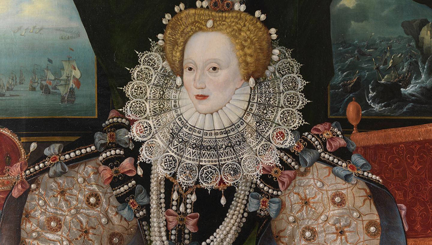 The iconic portrait of Elizabeth I, with the Queen's face framed with an elaborate lace ruff