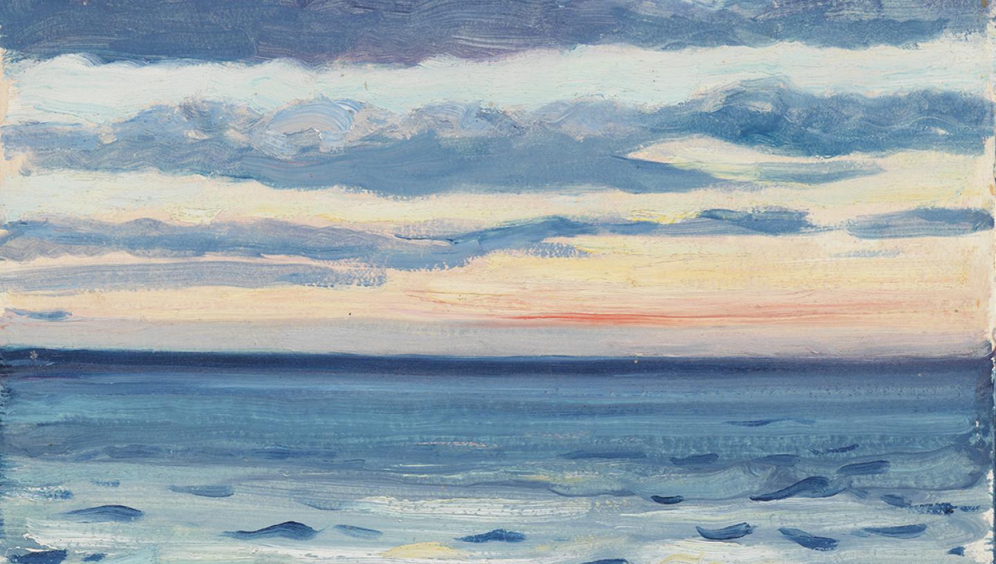 A serene seascape sketch with calm waters and an orange tint to the sky