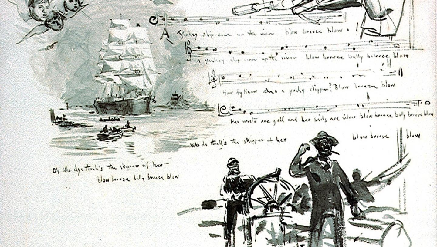 A sketch book with sailor illustrations in ink and scrawled lyrics to a sea shanty